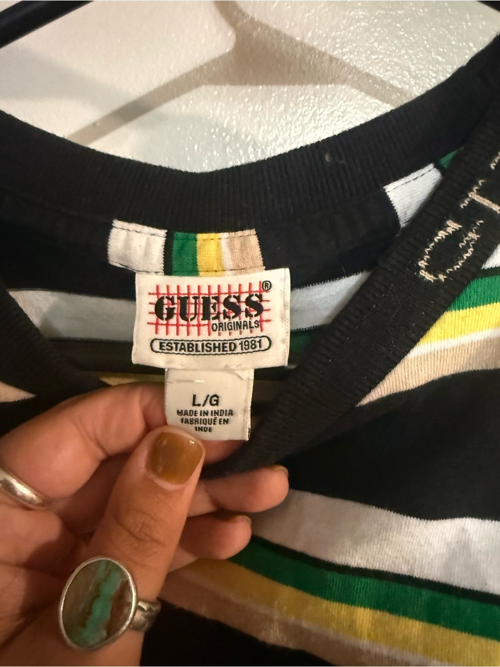 Guess Striped Tee in Black, White, Green, Yellow - Picture 2 of 4